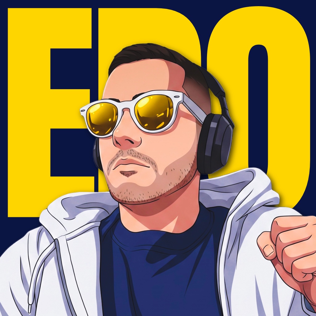 Illustrated portrait of Edoardo in yellow sunglasses and headphones, in front of the word EDO in yellow on navy.